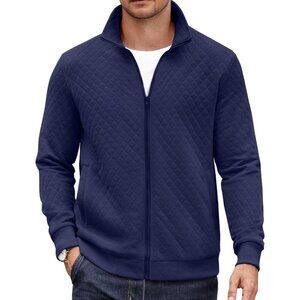 COOFANDY Men Navy Blue Zip Up Mock Neck Quilted Lightweight Sweater Jacket